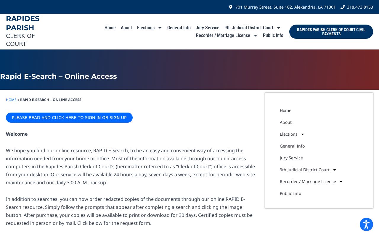 Rapides Parish Clerk of Court online search access page showing coverage and fees for warrant records checks
