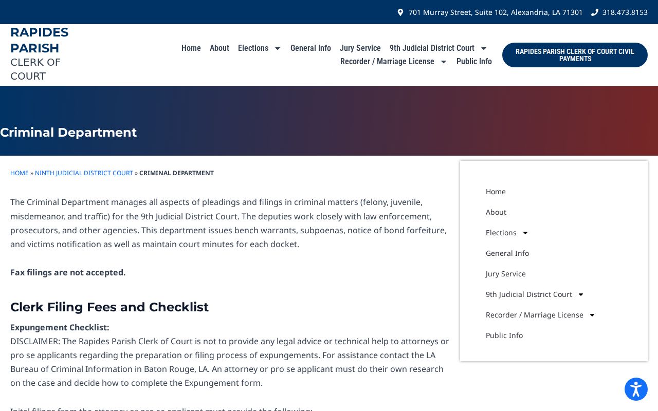 Rapides Parish Clerk of Court criminal department scope page used for warrant records checks