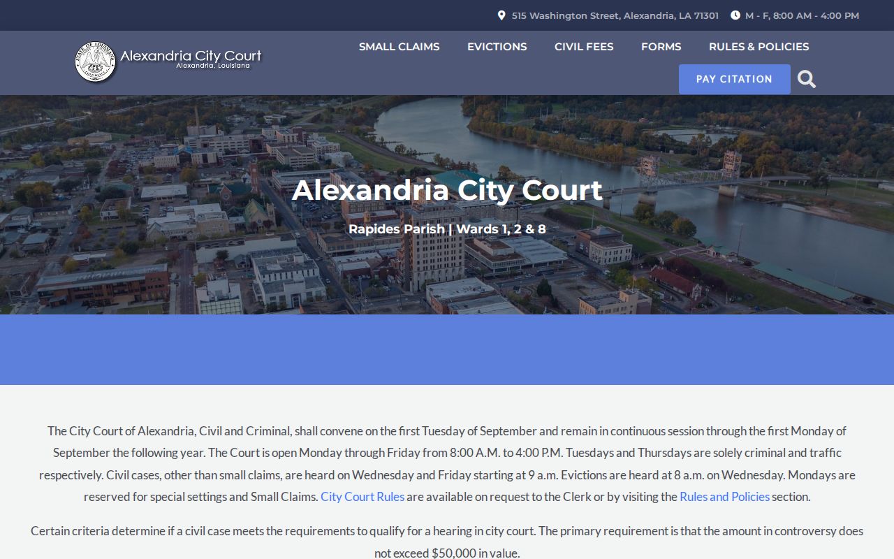 Alexandria City Court address and hours page for Rapides Parish municipal warrant questions and office routing