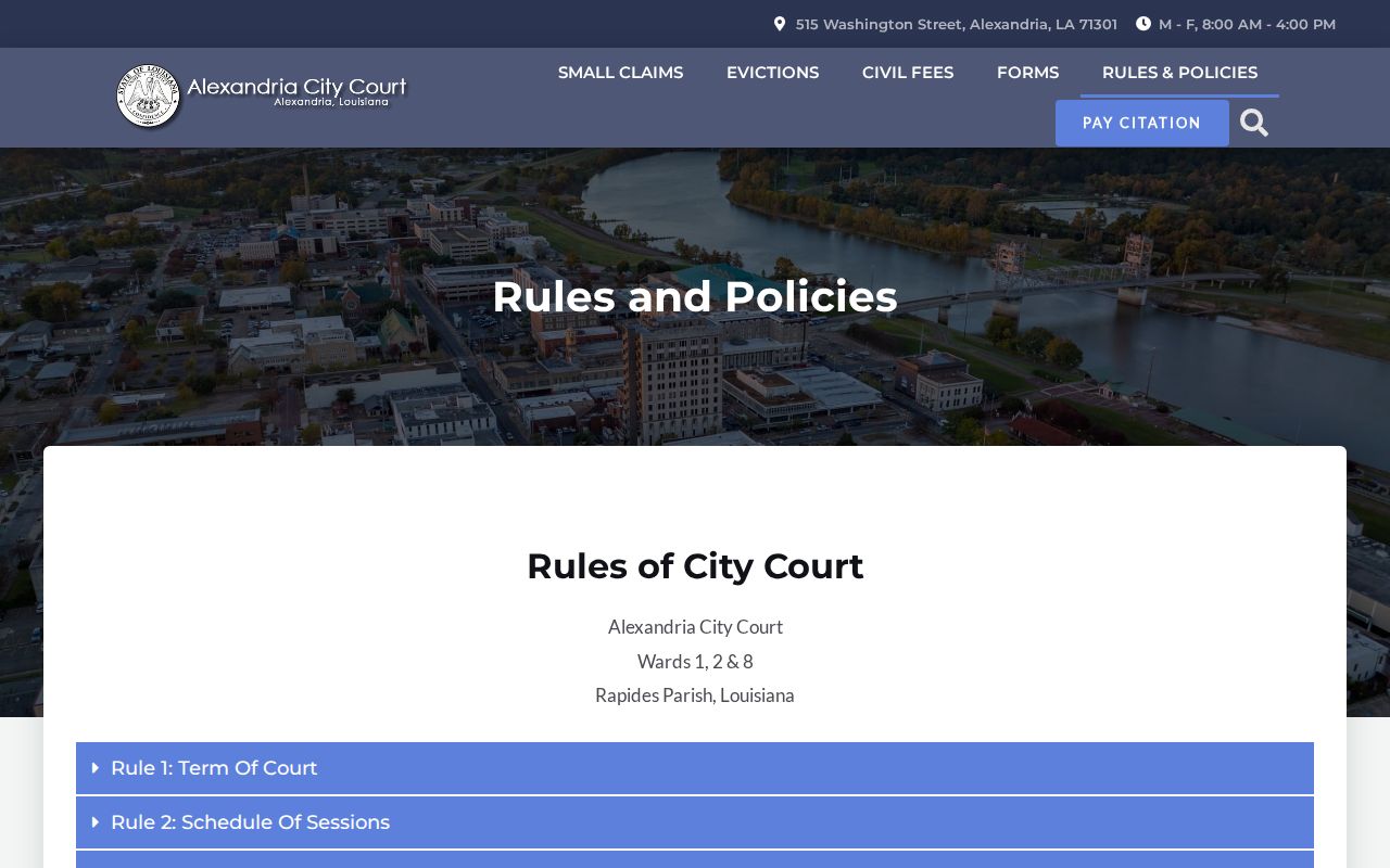 Alexandria City Court rules page showing criminal and traffic day scheduling for Rapides Parish traffic warrants