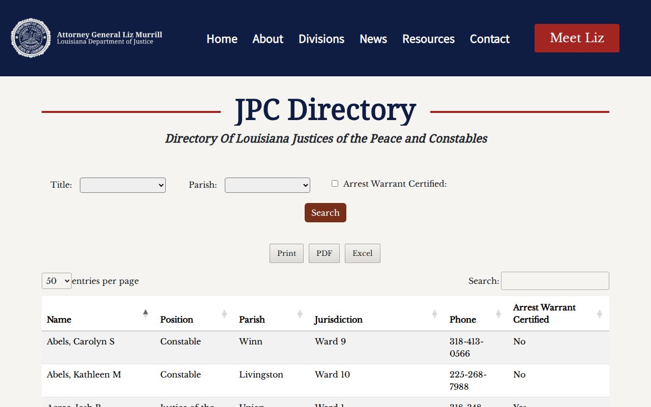 Louisiana justice court directory filters used to locate Rapides Parish ward courts that issue municipal warrant process
