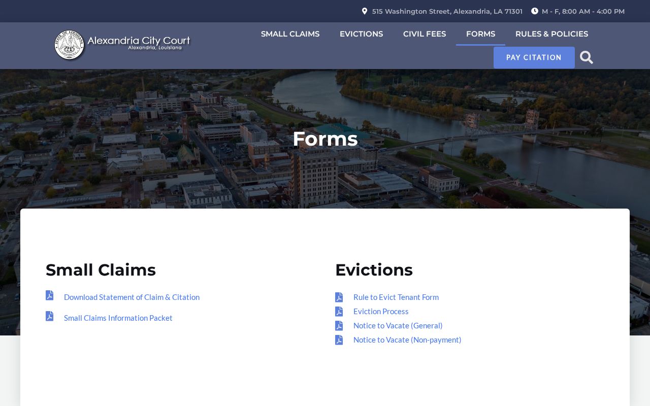 Alexandria City Court forms page used for warrant records questions in Rapides Parish municipal court