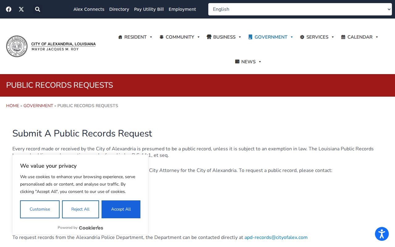 City of Alexandria public records request page used to obtain copies of warrant records