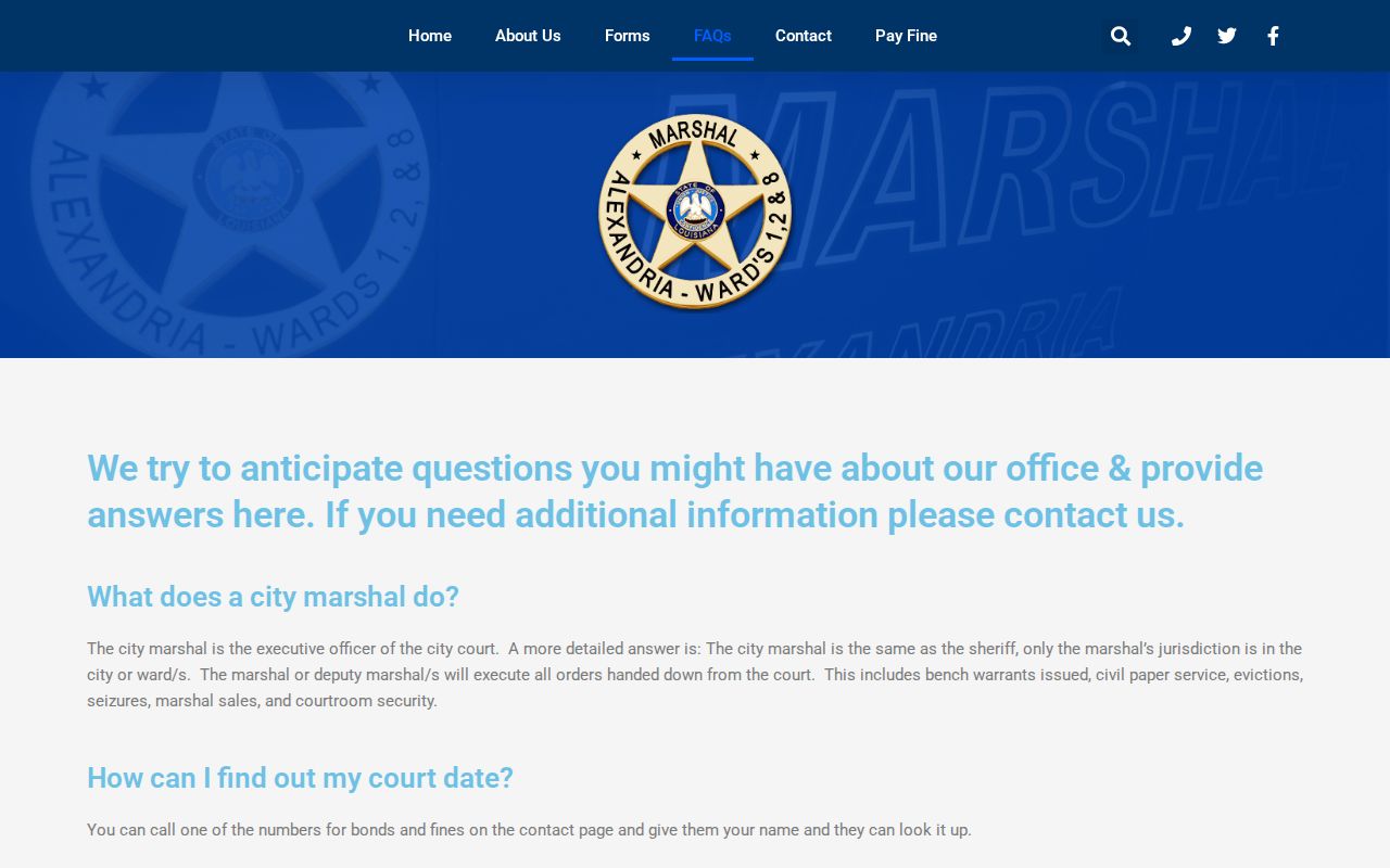 Alexandria City Marshal warrant FAQ for Rapides Parish bench warrant questions about deposits and rescheduling