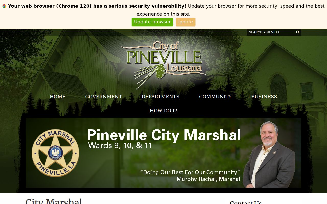 Pineville City Marshal page describing warrant service and execution for Rapides Parish city court cases