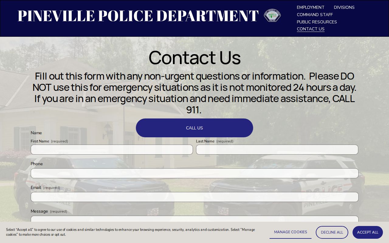 Rapides Parish police headquarters contact page showing how a city agency handles arrest warrant service questions