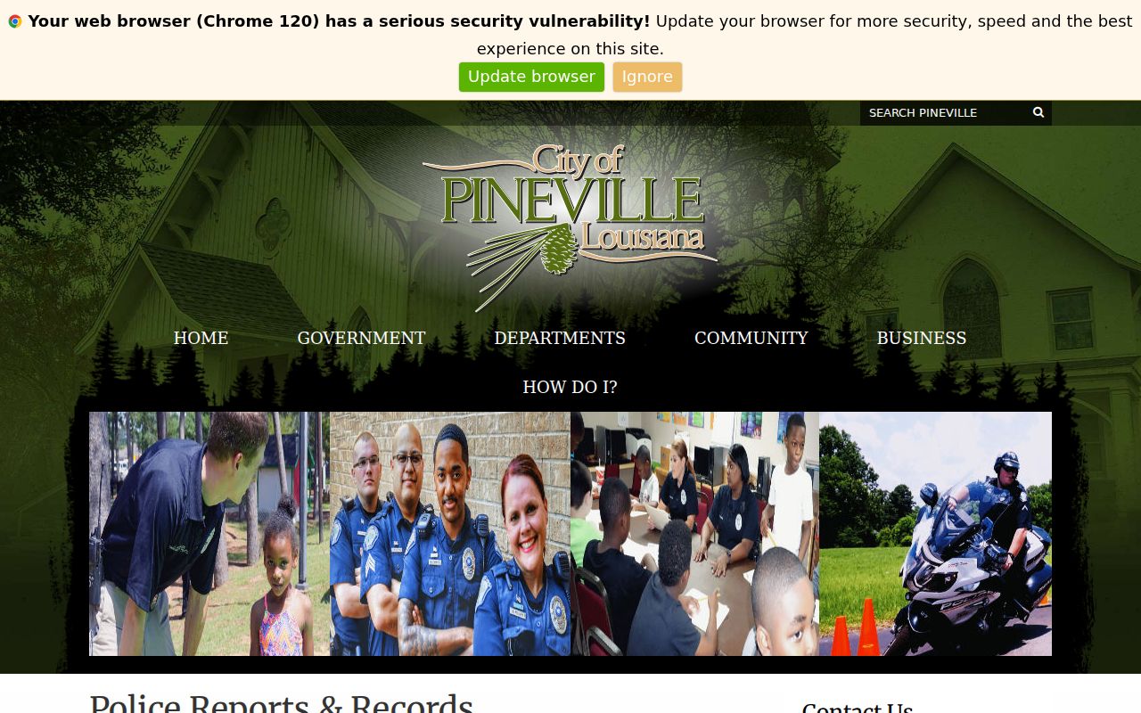 Pineville police records request page listing report fees and mail requirements for Rapides Parish warrant records
