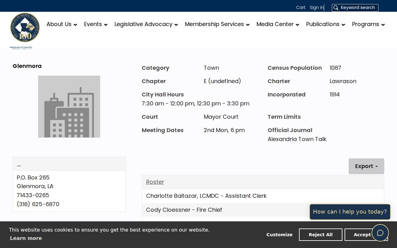 Glenmora municipal profile page listing the Mayor's Court contact for Rapides Parish town warrant questions