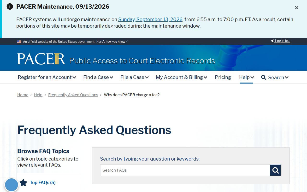 PACER federal court access page explaining fees for looking up a federal arrest warrant record