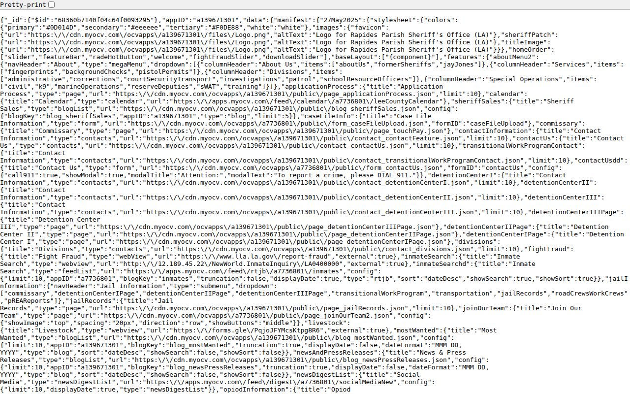 Rapides Parish sheriff app configuration showing the curated most wanted route with no public warrant search controls